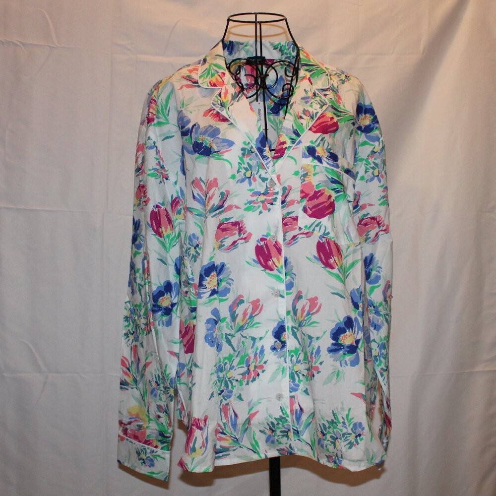 Gap Body Pajama Top PJ Separates White Floral All Cotton Button Front NWT L